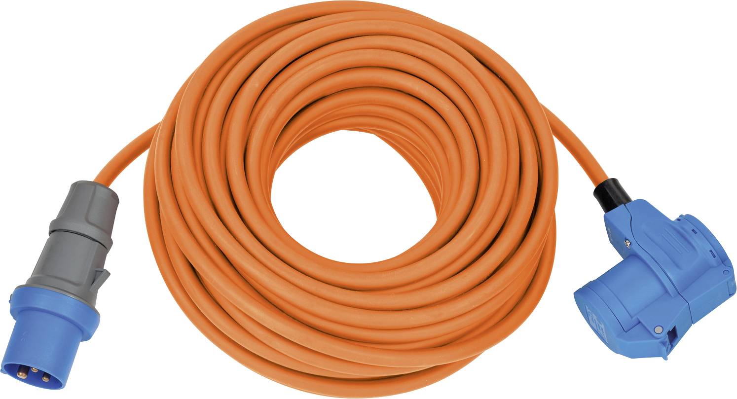 Orange lindad elektrisk förlängningskabel med blåa och grå pluggkontakter i båda ändarna.