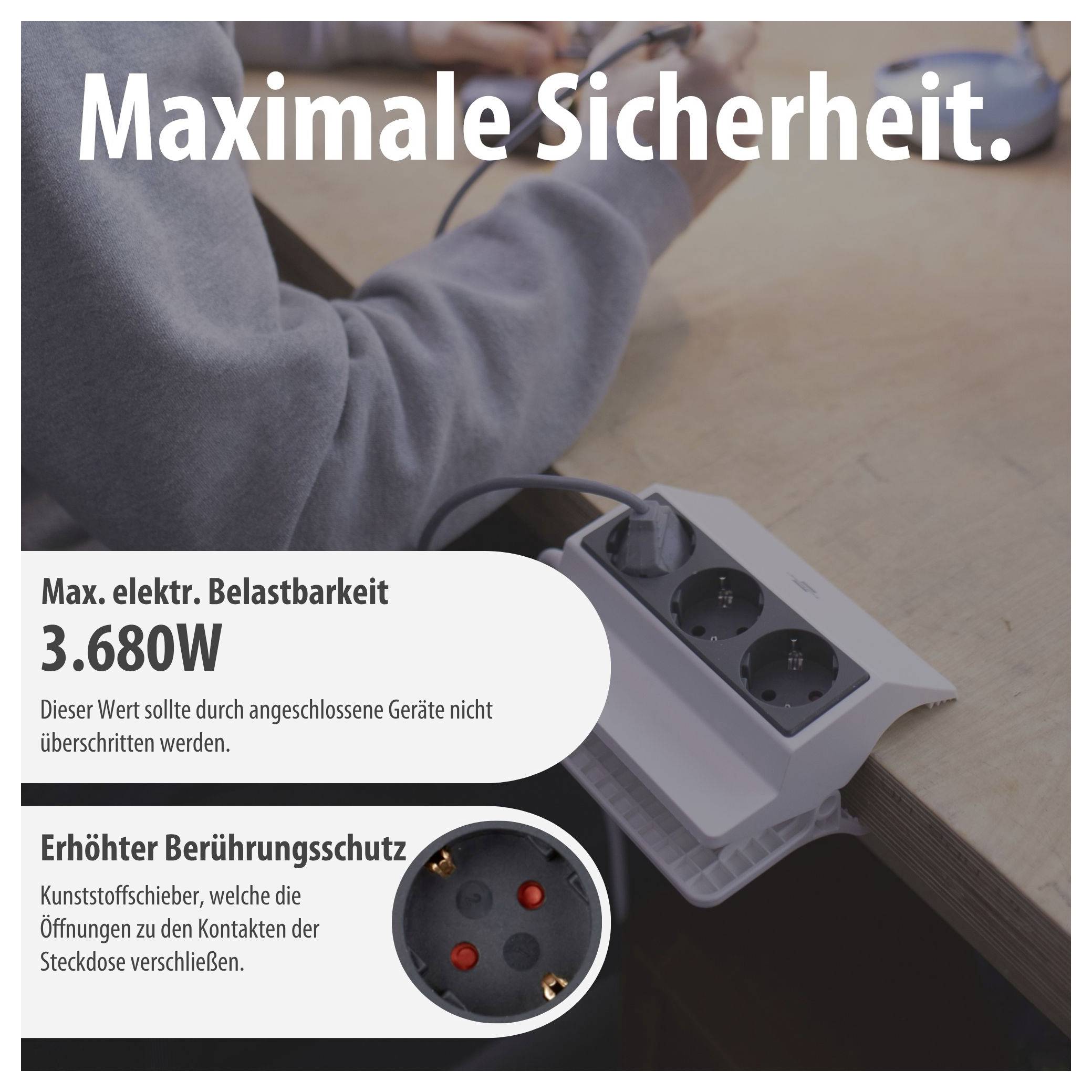 Reklam för en strömkabel: 'Maximal säkerhet', max. elektrisk belastbarhet 3.680 W och förhöjd beröringsskydd genom plastskjutreglage.