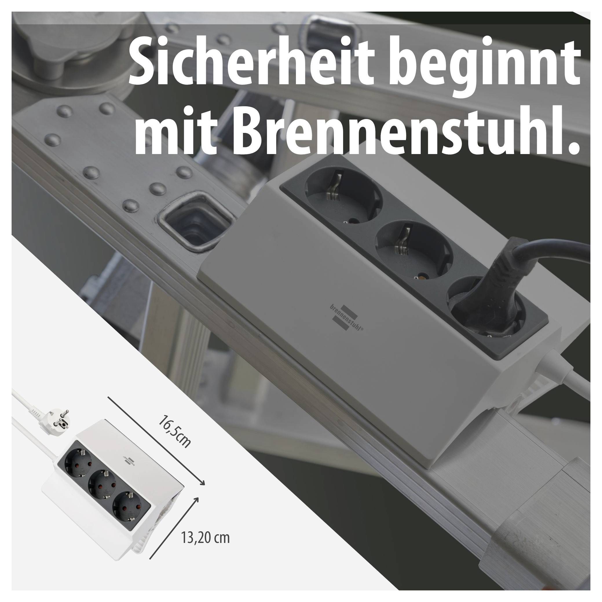 Reklambildning: Brennenstuhl-strömförelingsledning på en stege, med texten 'Säkerhet börjar med Brennenstuhl.' och måttangivelser 16,5 cm och 13,20 cm.