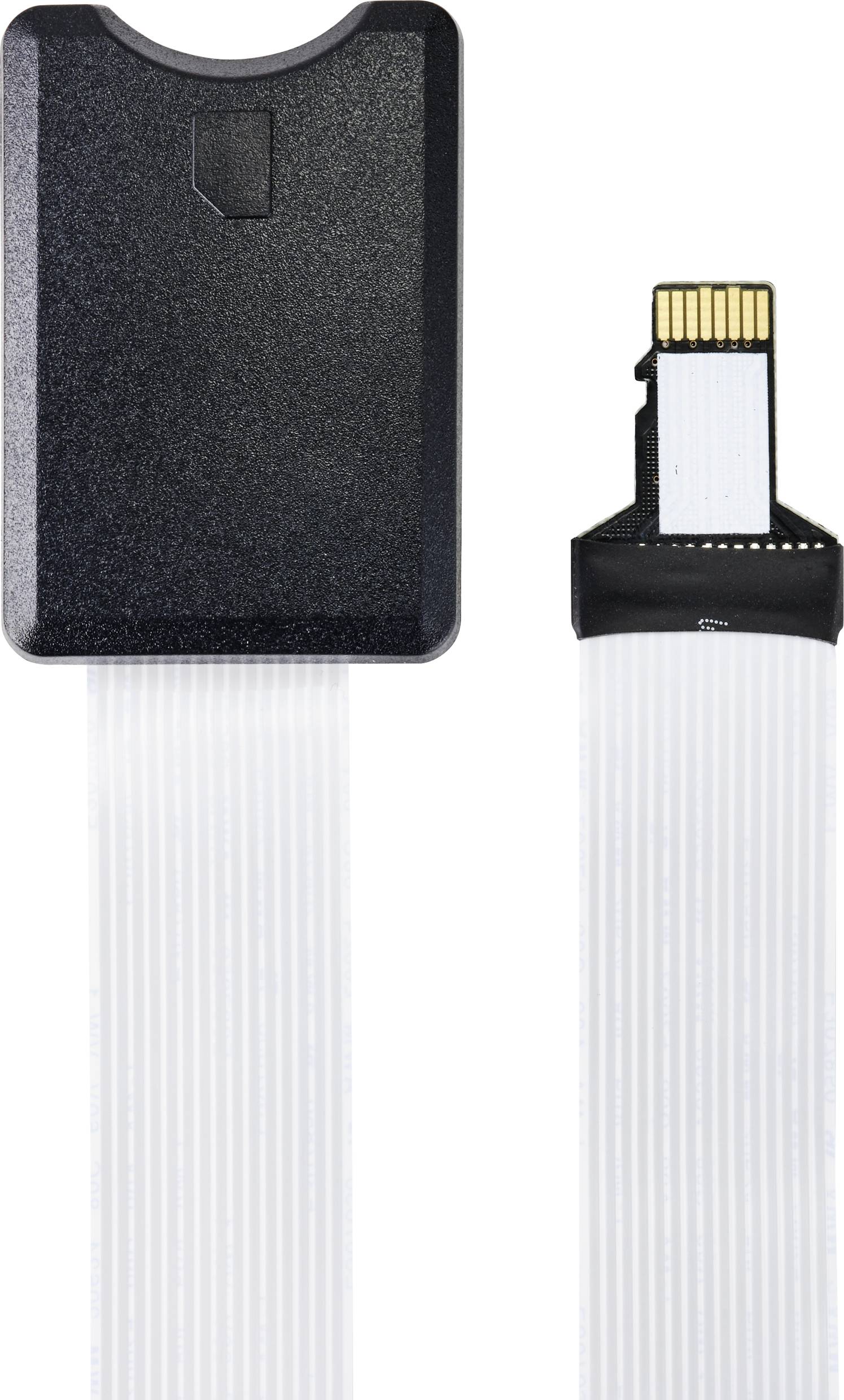 En svart adapter med ett platt band av kabel och en guldfärgad kontaktlist, lämplig för elektroniska anslutningar.