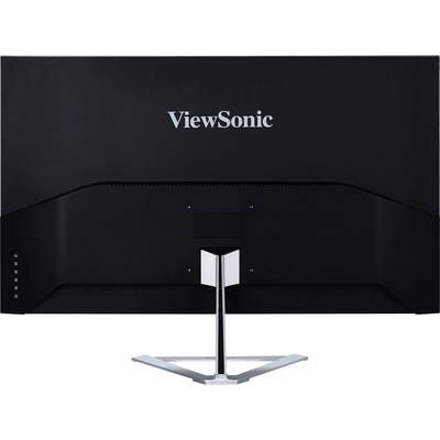 En svart skärm från märket ViewSonic med en blank, metallisk fot, fotograferad bakifrån.