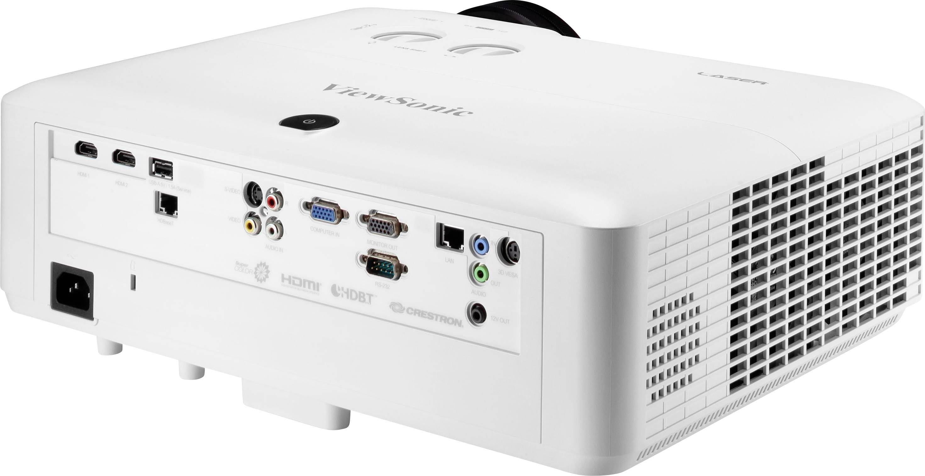 En vit multimediaprojektor med olika anslutningsalternativ, inklusive HDMI, USB och VGA, på baksidan.