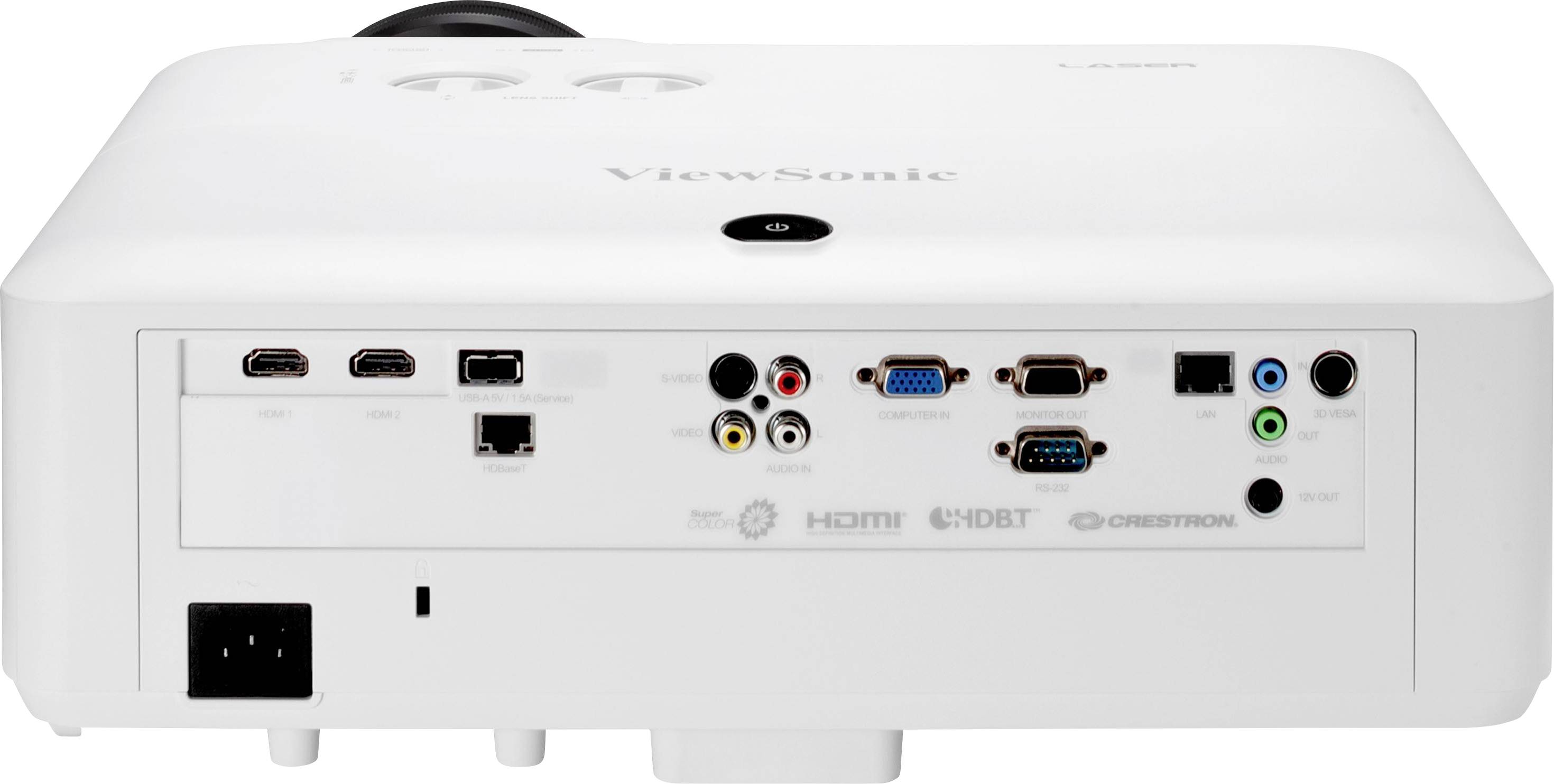 Baksidan av en projektor med anslutningar: två HDMI-portar, VGA, LAN, ljudingångar och -utgångar.