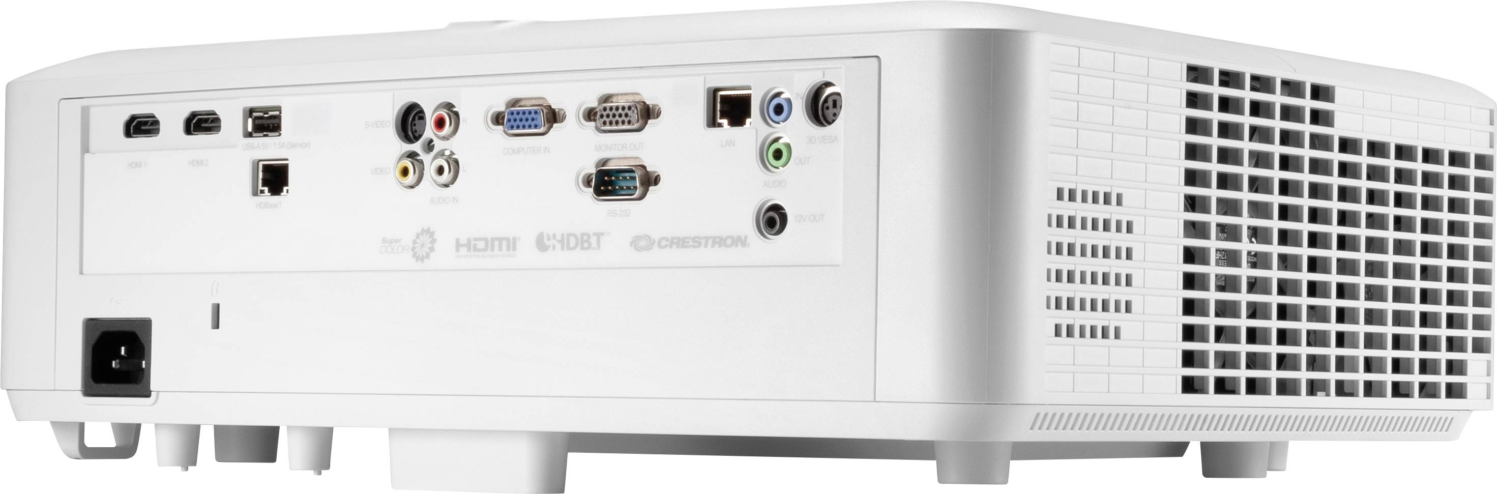 En vit projektor med flera anslutningar på baksidan, inklusive HDMI, VGA och ljud, lämplig för multimediapresentationer.