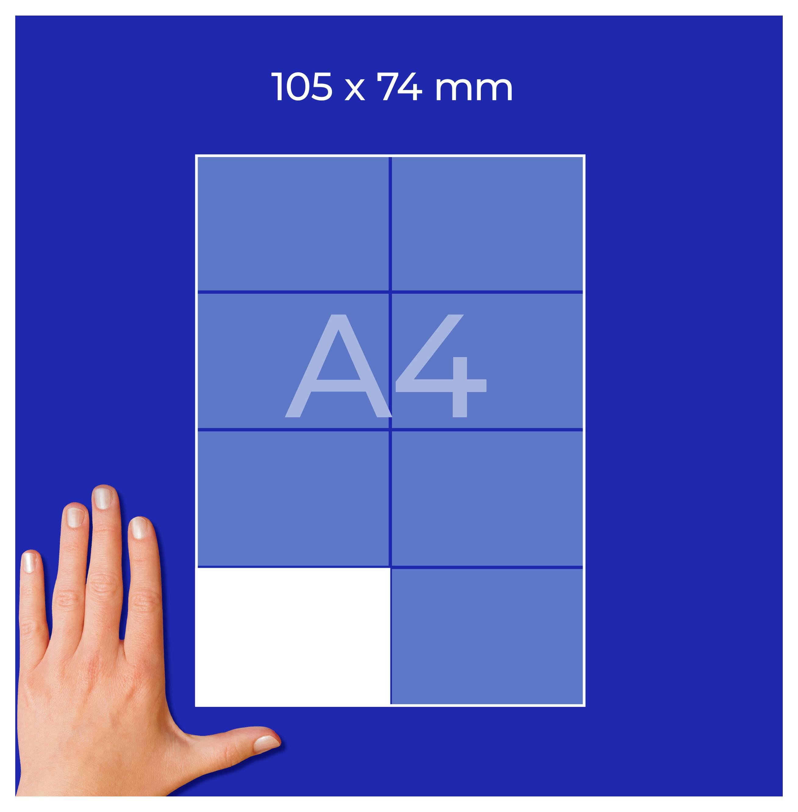 Grafieken visar ett A4-papper med måttangivelse "105 x 74 mm" och en hand bredvid som illustrerar storleken.