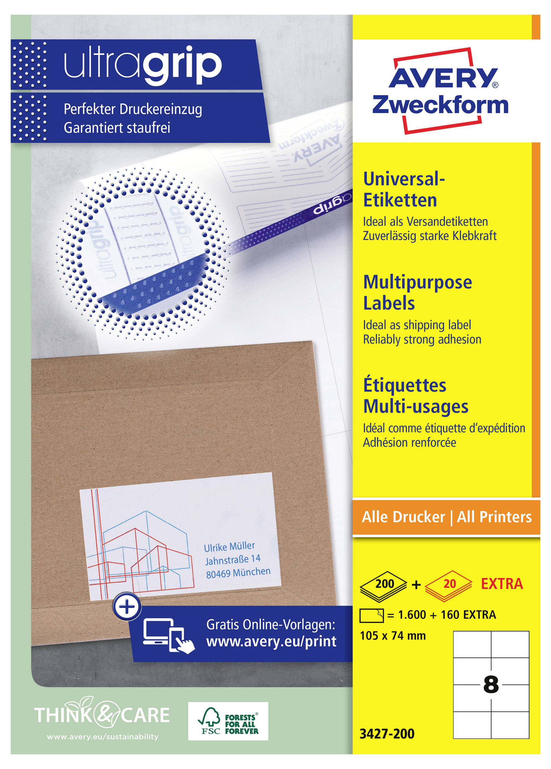 Avery Zweckform ultragrip universella fraktetiketter paket, med tysk, engelsk och fransk text; visar etikettens storlek 105 x 74 mm och kompatibilitet med "Alla skrivare".