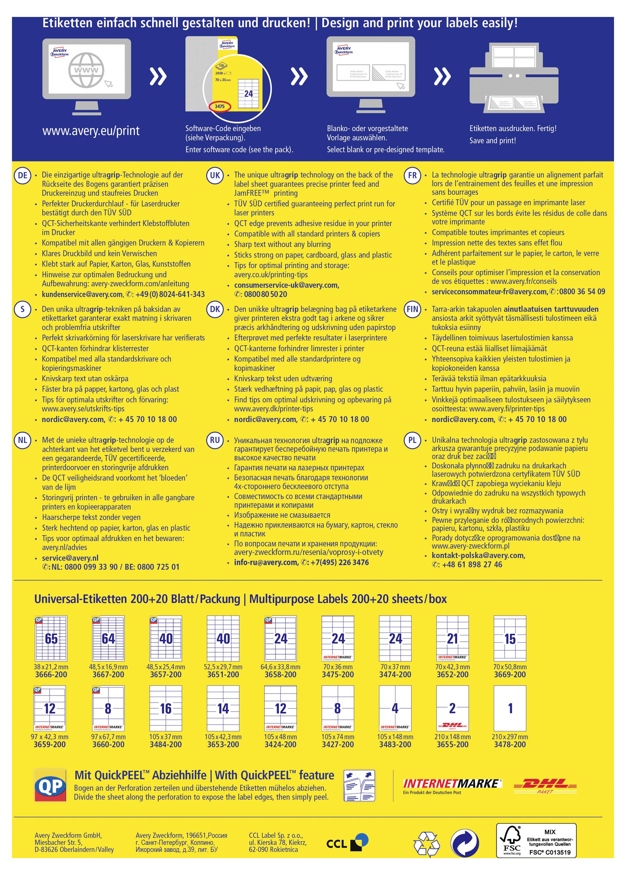 Avery-Zweckform 3657-200 Universaletiketter 48.5 x 25.4 mm Papper Vit 8800 st Permanent Laser, färg-10