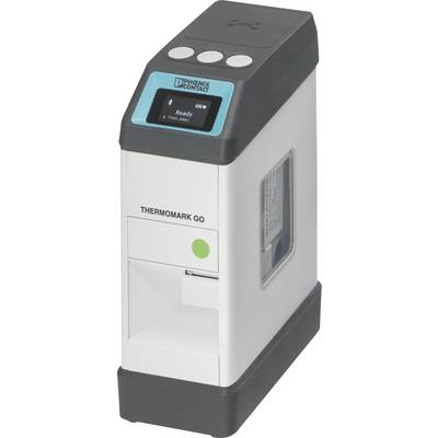 Thermomark GO-skrivare med display och knappar. Blå indikatorlampa visar 'Klar'. Varumärke synligt överst. Enhet för etikettutskrift.