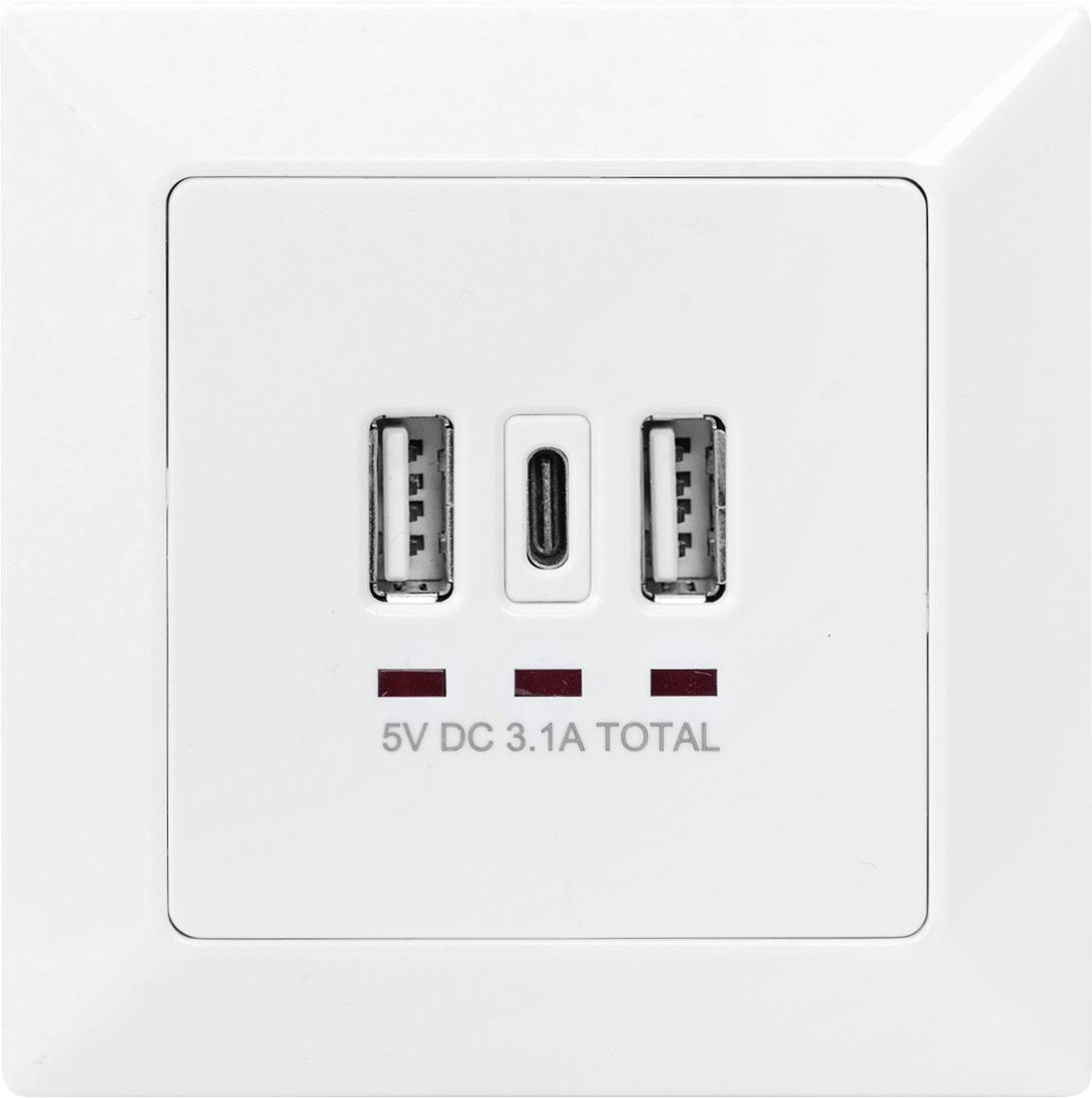 Vit vägguttag med två USB-A- och en USB-C-port. Märkning: '5V DC 3.1A TOTAL'.