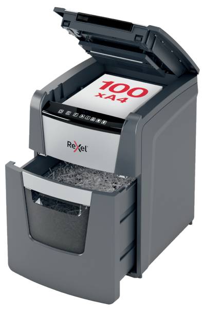 Rexel Optimum AutoFeed+ 100X Dokumentförstörare 100 ark Mikrosnitt 4 x 28 mm P-4 34 l Strimlar också Gem, Häftklamrar, K-1