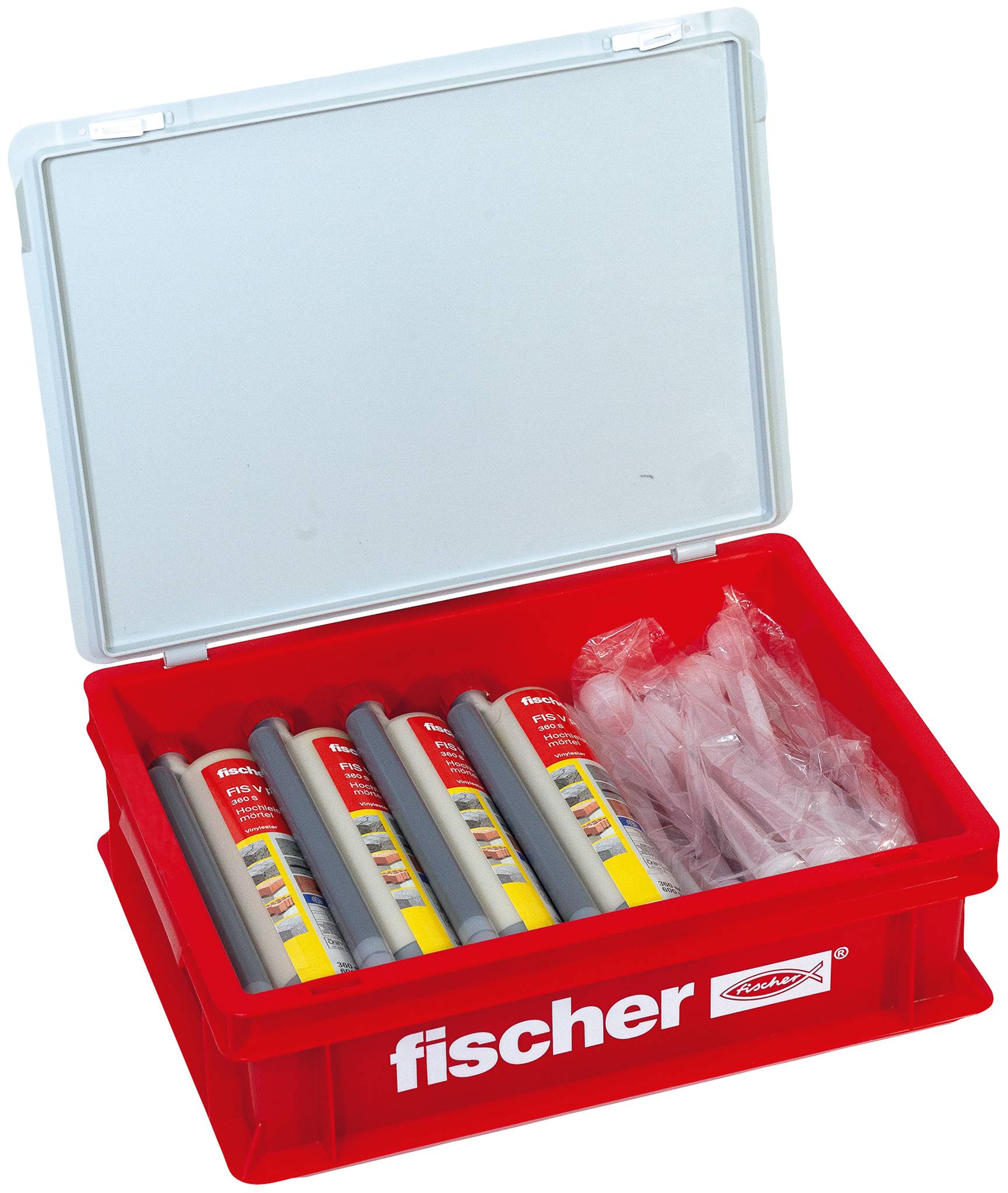 'Fischer FIS V Plus 360 S' högpresterande brukampull med röd kåpa och text på tyska. Lämplig för förankring i betong.
