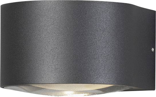 Svart, halvmåneformad utomhusvägglampa med ljus riktat neråt. Perfekt för elegant utomhusbelysning.