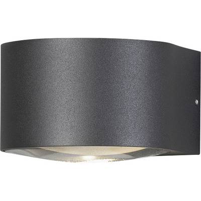 Svart, halvmåneformad utomhusvägglampa med ljus riktat neråt. Perfekt för elegant utomhusbelysning.