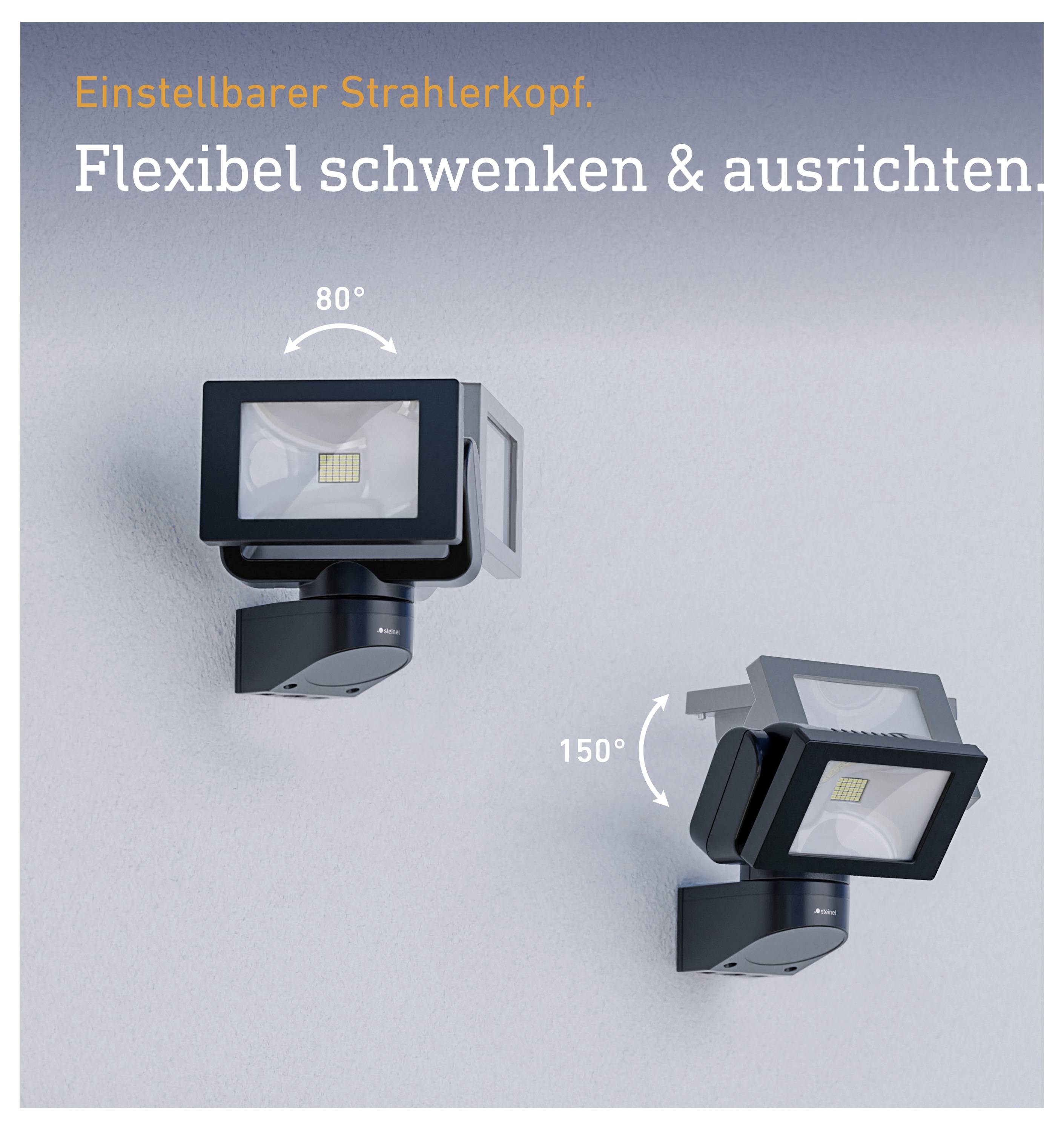 Reklamgrafik för en justerbar strålkastare med texterna "Justerbar strålkastarhuvud." och "Flexibel svängning & justering."; visar svängvinklar på 80° och 150°.