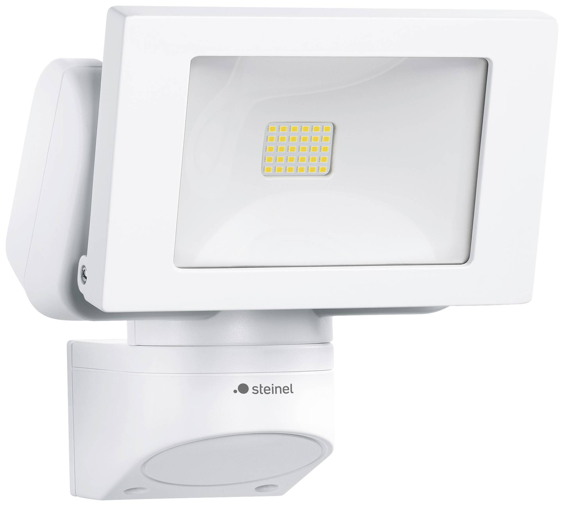 En vit LED-strålkastare med rörelsesensor, lämplig för utomhusbelysning.