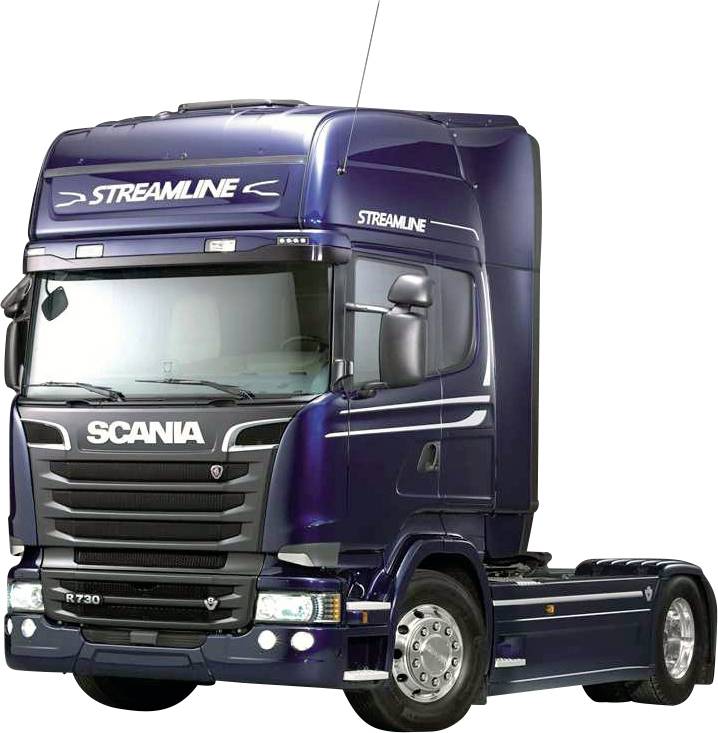 Blå Scania-lastbil av modellserien Streamline, sidovy, utan trailer.