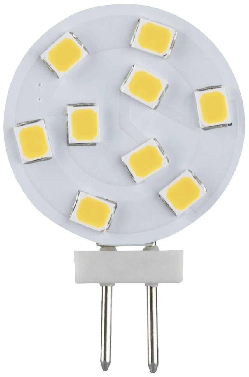 En rund LED-lampa med åtta gula LED-lampor på vit bakgrund, två kontakter nedtill för anslutning.