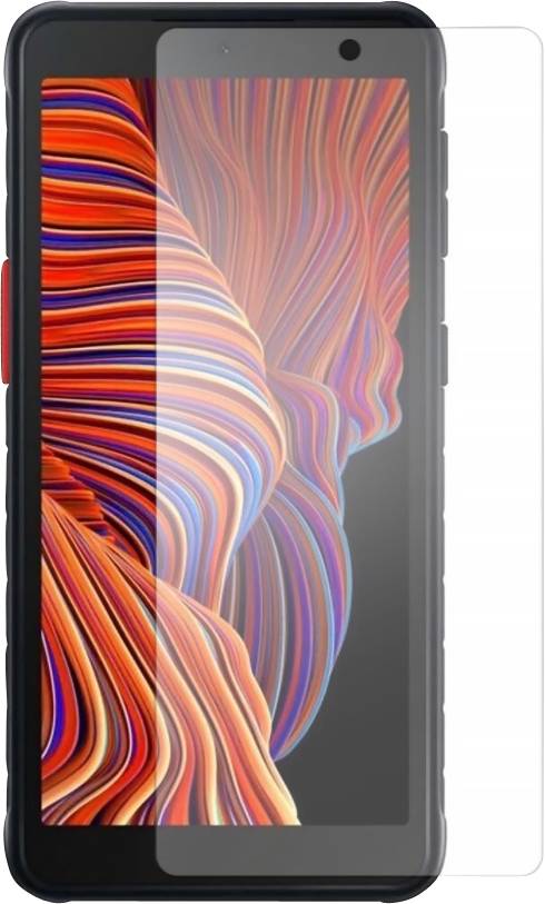 Smarttelefon med färgglad och abstrakt skärmbakgrund. Enheten har en svart ram och en röd knapp.