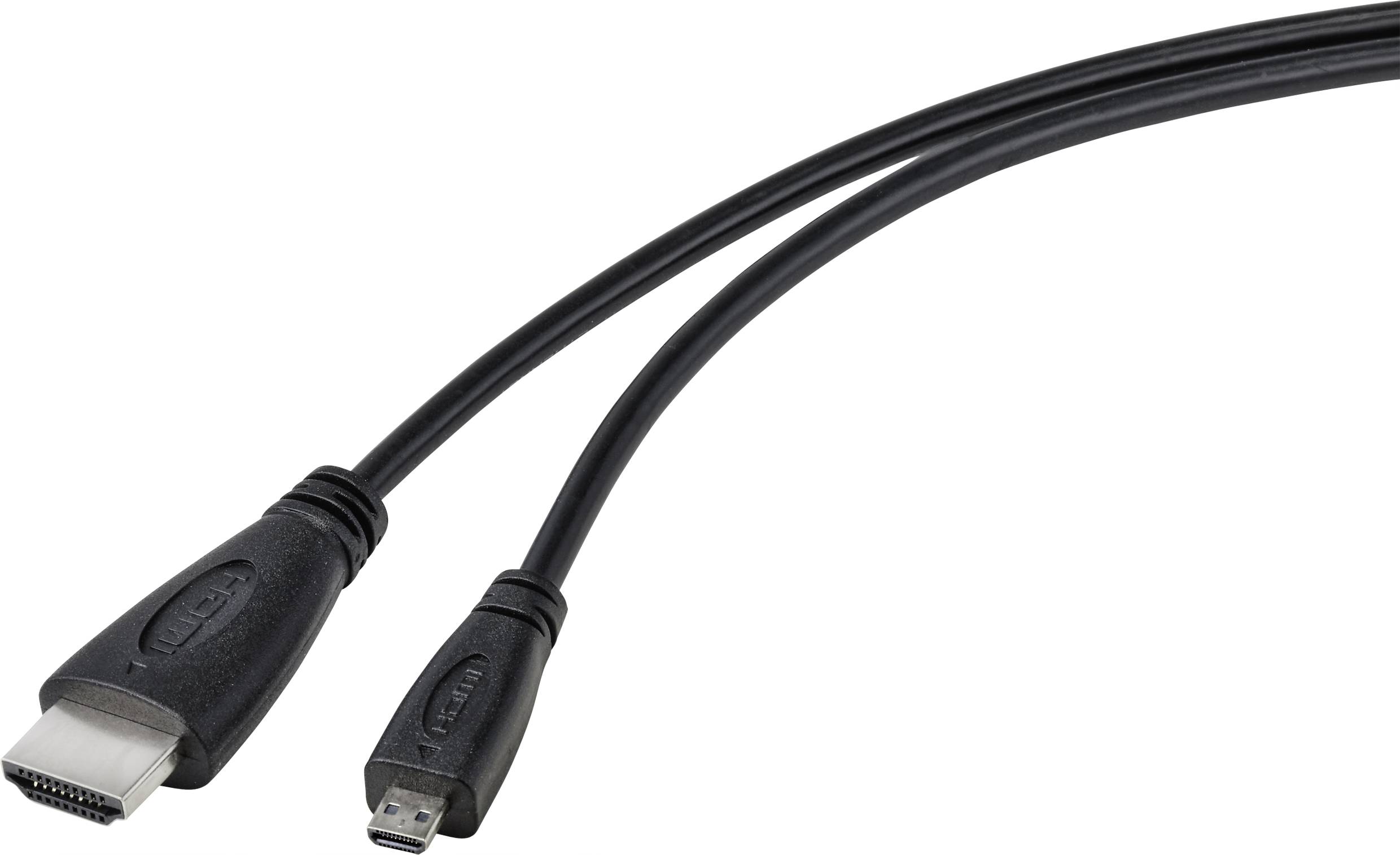 HDMI-kabel med standard- och micro-kontakt, svart, på vit bakgrund, visar kompatibilitet för olika enheter.