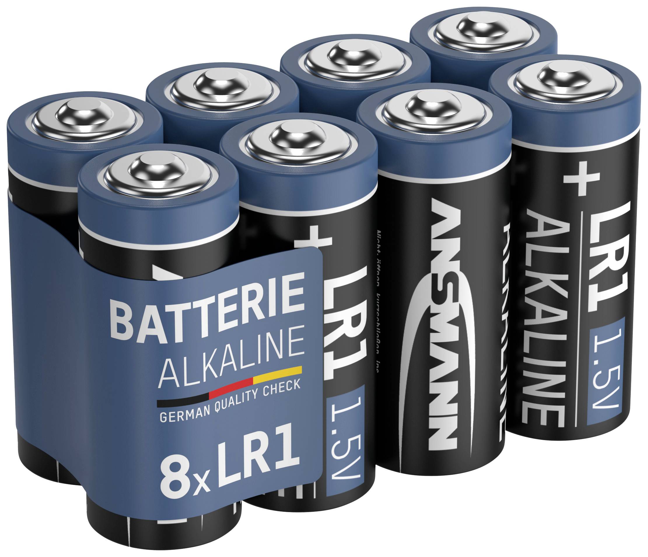 Åtta alkaliska batterier av typen LR1, grupperade med en blå etikett som visar 'ALKALISKT BATTERI, 8x LR1, 1.5V'.