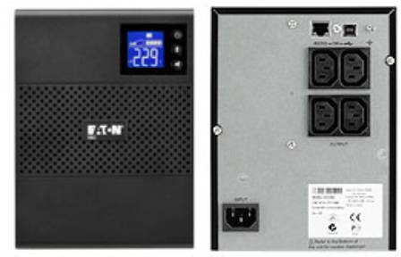USV-enhet med digitalt display visar '229V'. Bakre vy visar strömuttag och Ethernet-port. Märke Eaton.