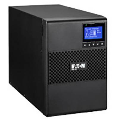 En svart UPS-enhet med en liten LCD-skärm på framsidan visar effektinformation.
