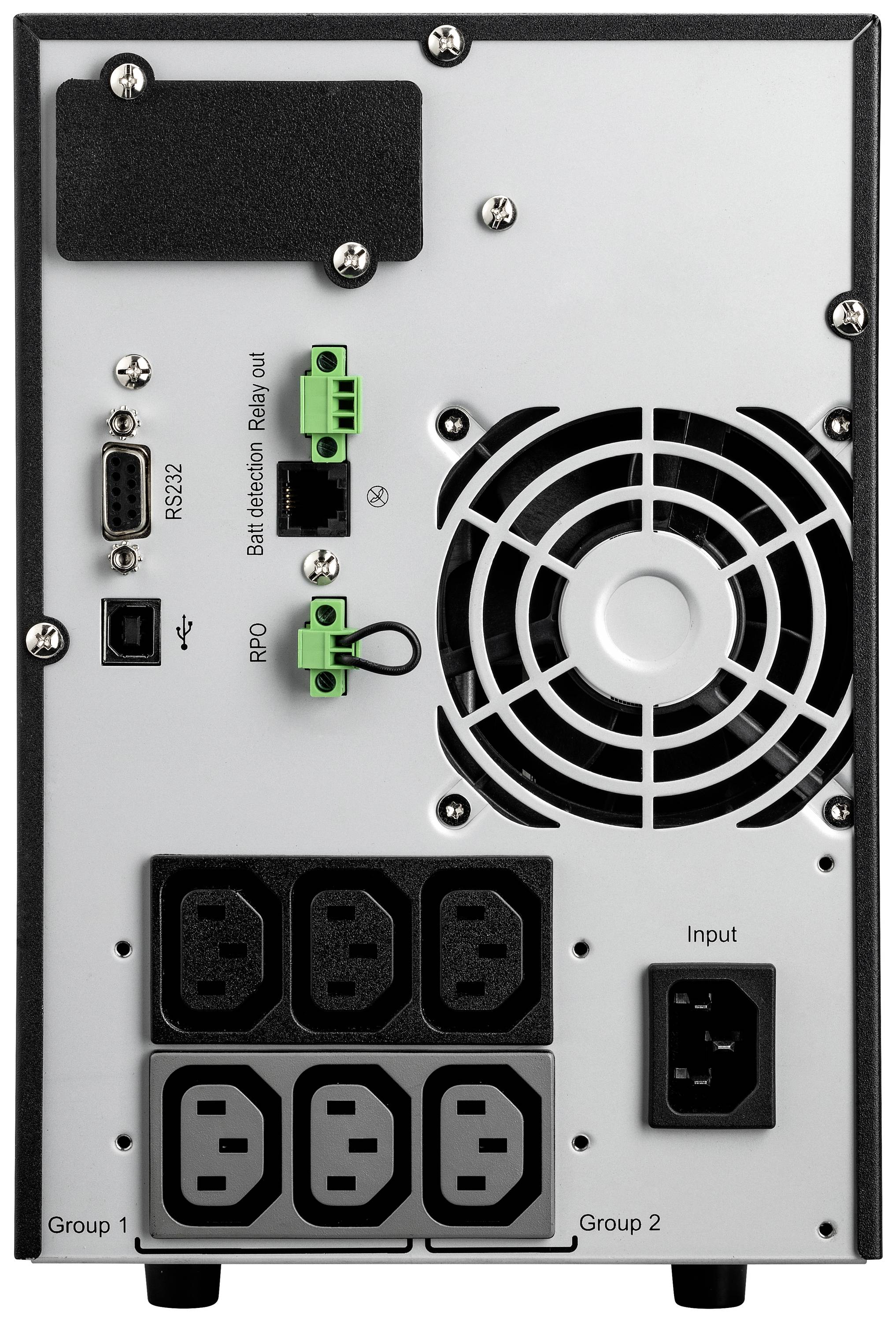 Baksidan av en UPS-enhet med flera uttag, USB- och RS-232-anslutningar, fläkt och batterianslutning. Märkning för grupptillkopplingar.