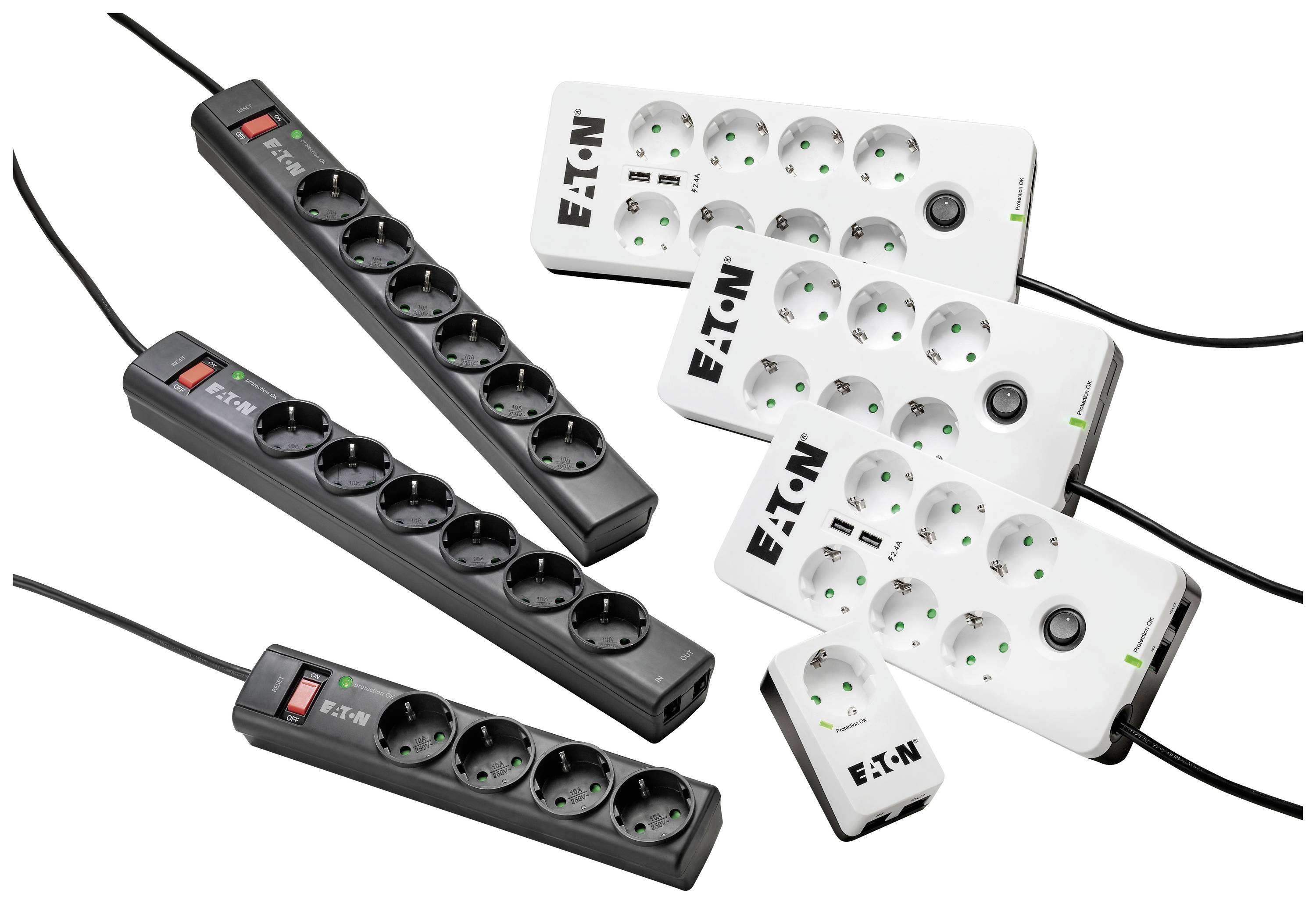 Flera grenuttag i svart och vitt med varumärkeslogotyp, var och en försedd med vippströmbrytare. Olika modeller för elektriska apparater.