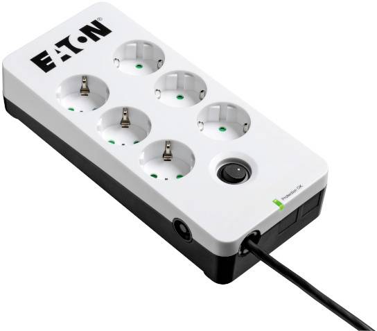 Sexportslist med överspänningsskydd och på/av-switch, lämplig för hushåll eller kontor för strömfördelning.