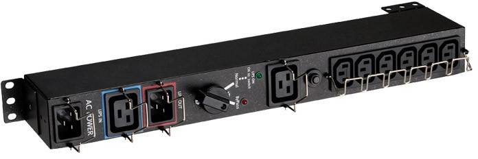 Ett svart rack-PDU-enhetsystem med flera eluttag och vippströmbrytare, lämpligt för strömfördelning i serverrack.