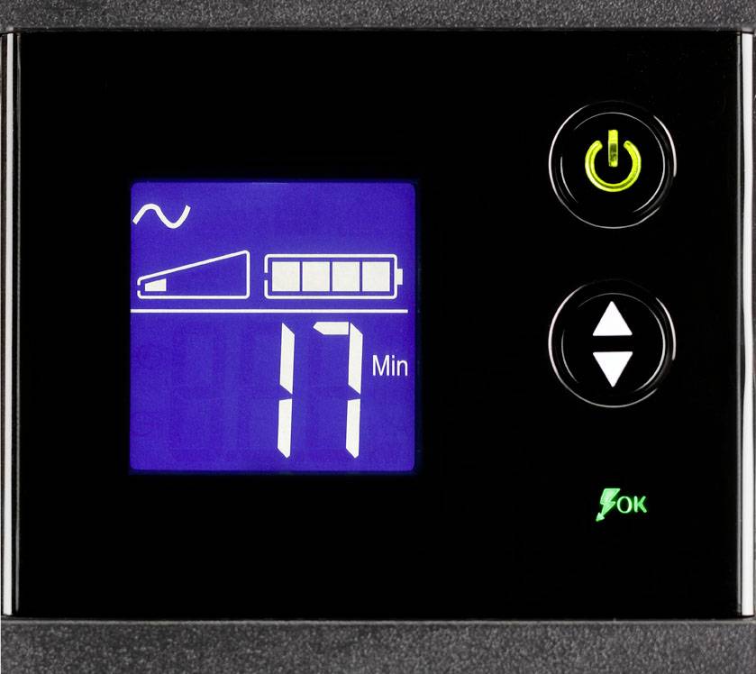 Digital display på en enhet visar '17 Min'. Symboler: Vågformad grafik, fläkthastighet, batterisymbol med fyra segment, grön 'OK'-text.