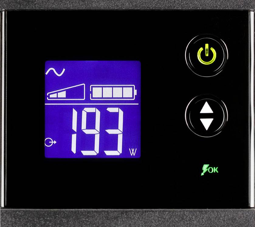 Digital display på en enhet visar '193 W' och symboler för spänning och batterinivå. Till höger finns ström- och pilknappar.