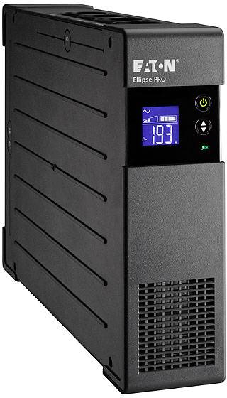 En svart UPS med en digital display som visar '193V'. Produktnamn 'Eaton Ellipse PRO' i övre högra hörnet.