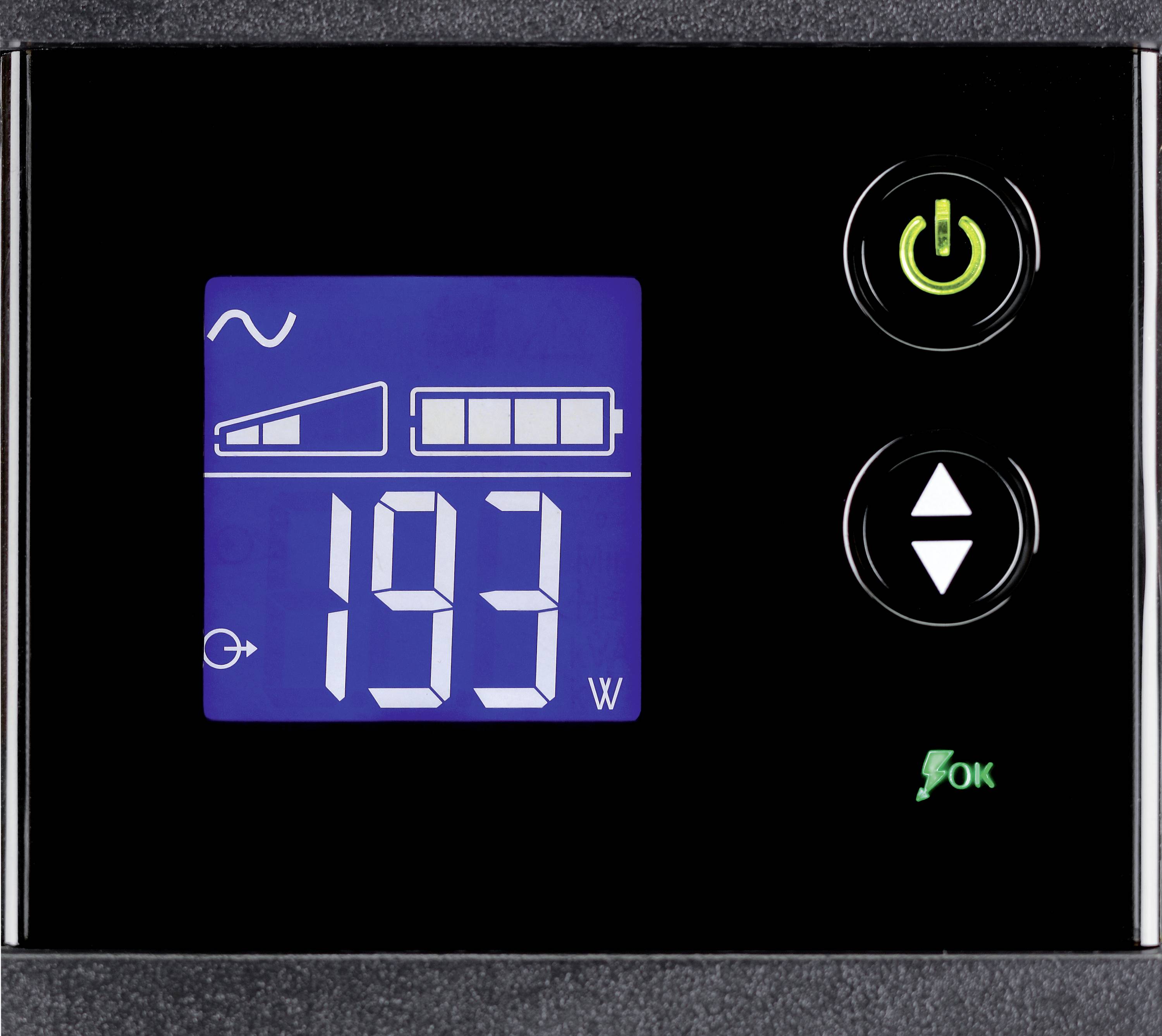 Digital displayfält på en elektronisk enhet som visar 193 watt effekt. Uppe till höger finns en på-/avknapp och kontrollreglage.