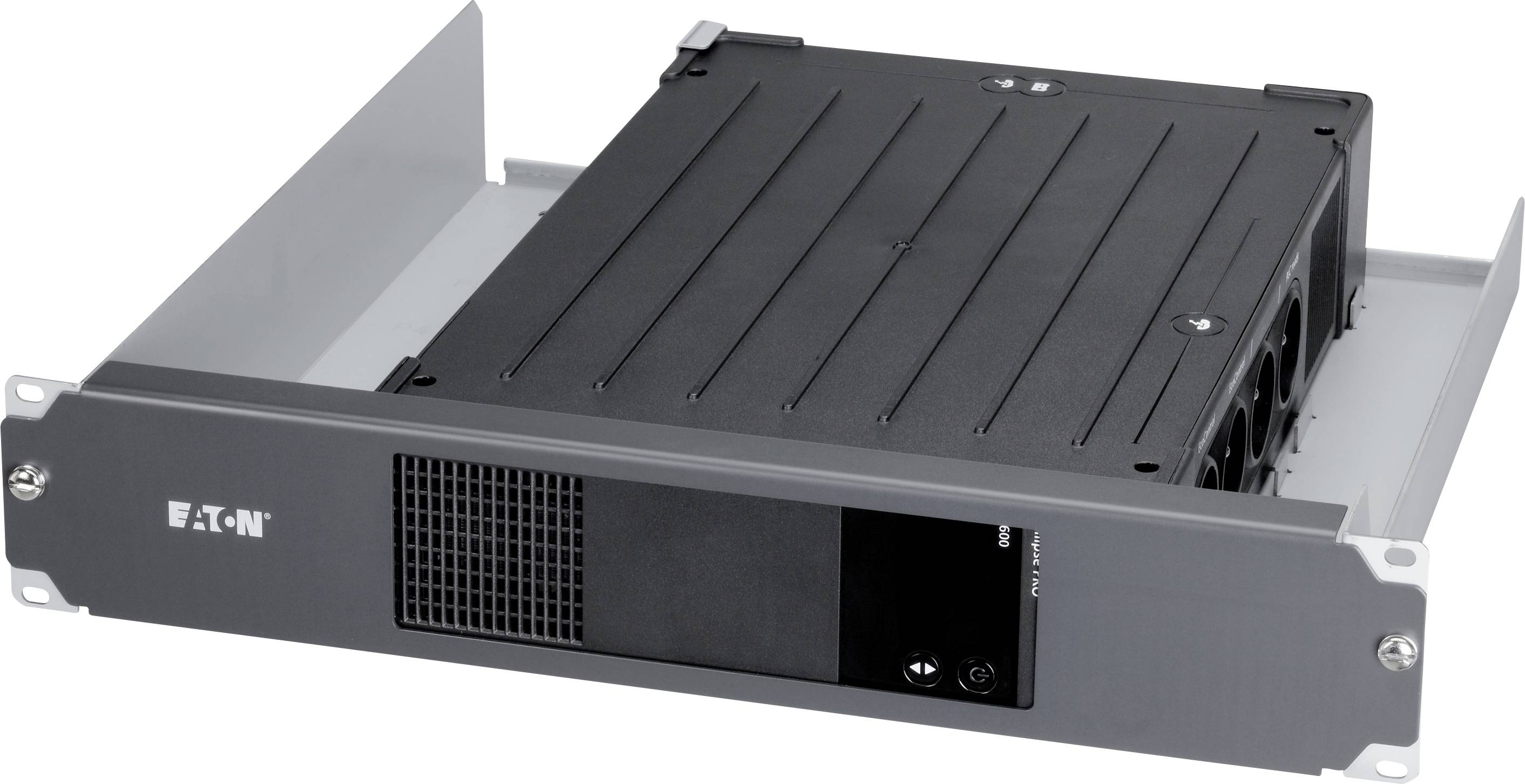 Serverutdrag med ventilationsgaller och märke "EATON" på vänster sida, utdraget ur ett rack. Svart-grå design.