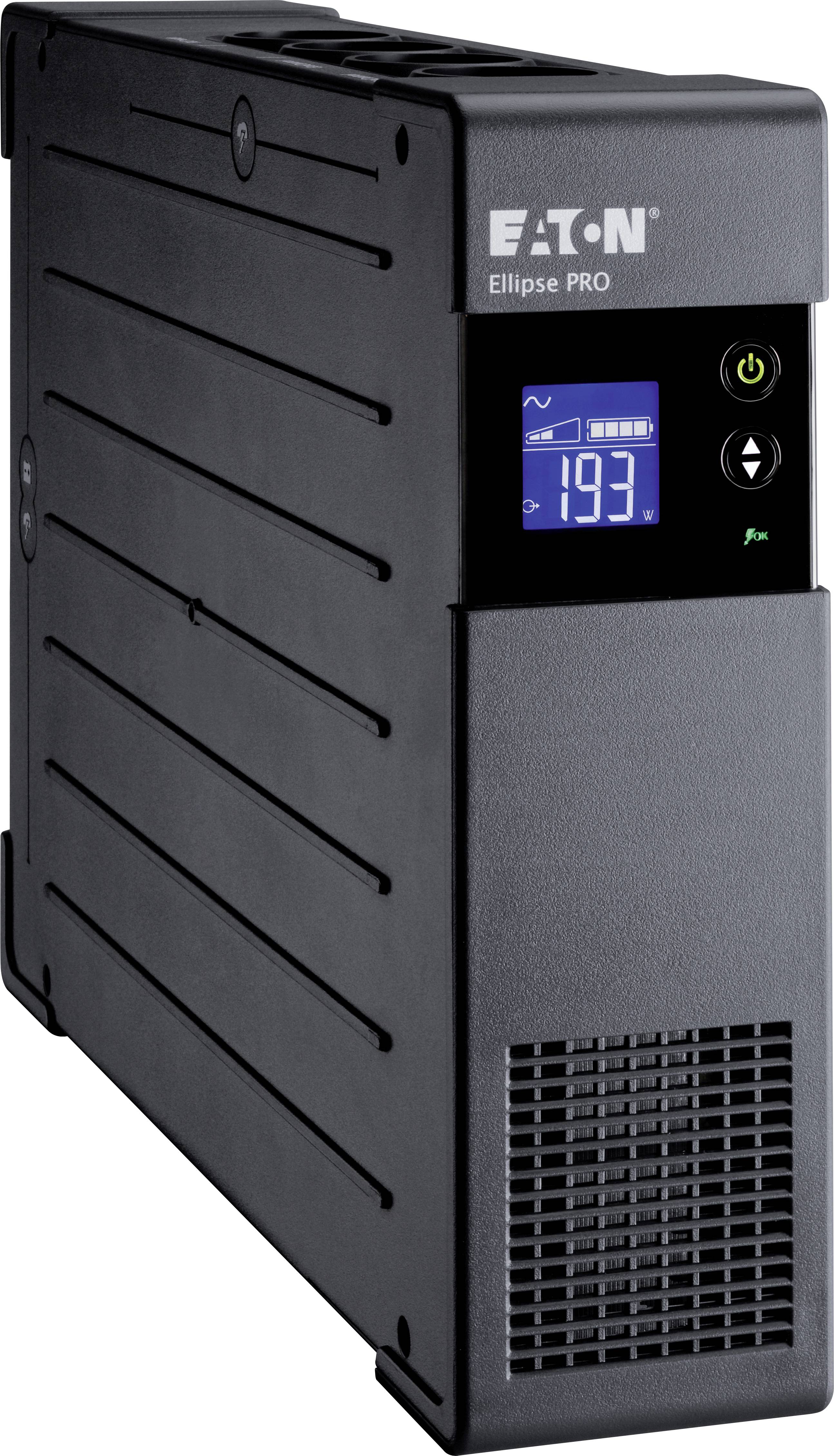 En svart UPS-enhet vid namn 'EATON Ellipse PRO' visar värdet 193 på en digital display.