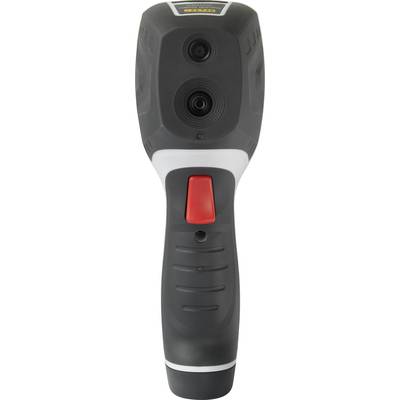En svart handenhet med en röd knapp och två linser, sannolikt ett värmekamera eller ett liknande mätinstrument.