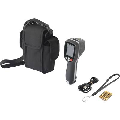 Infraröd termometeruppsättning med väska, batterier, USB-kabel och handrem. Enheten mäter temperaturer utan kontakt.