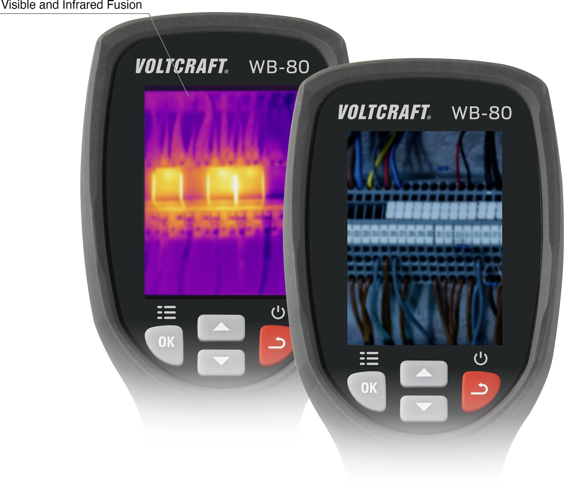 Två VOLTCRAFT WB-80 värmekameror visar: till vänster värmespridning med färggradient, till höger detaljerad kabelanslutning i elskåpet.