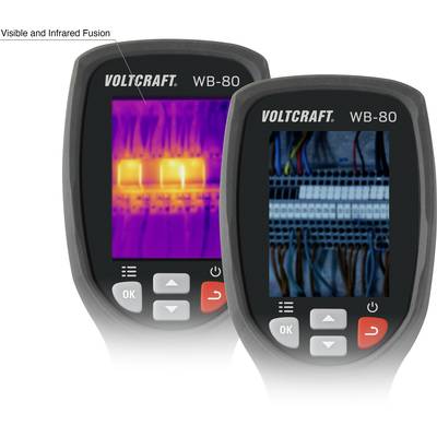 Två VOLTCRAFT WB-80 värmekameror visar: till vänster värmespridning med färggradient, till höger detaljerad kabelanslutning i elskåpet.