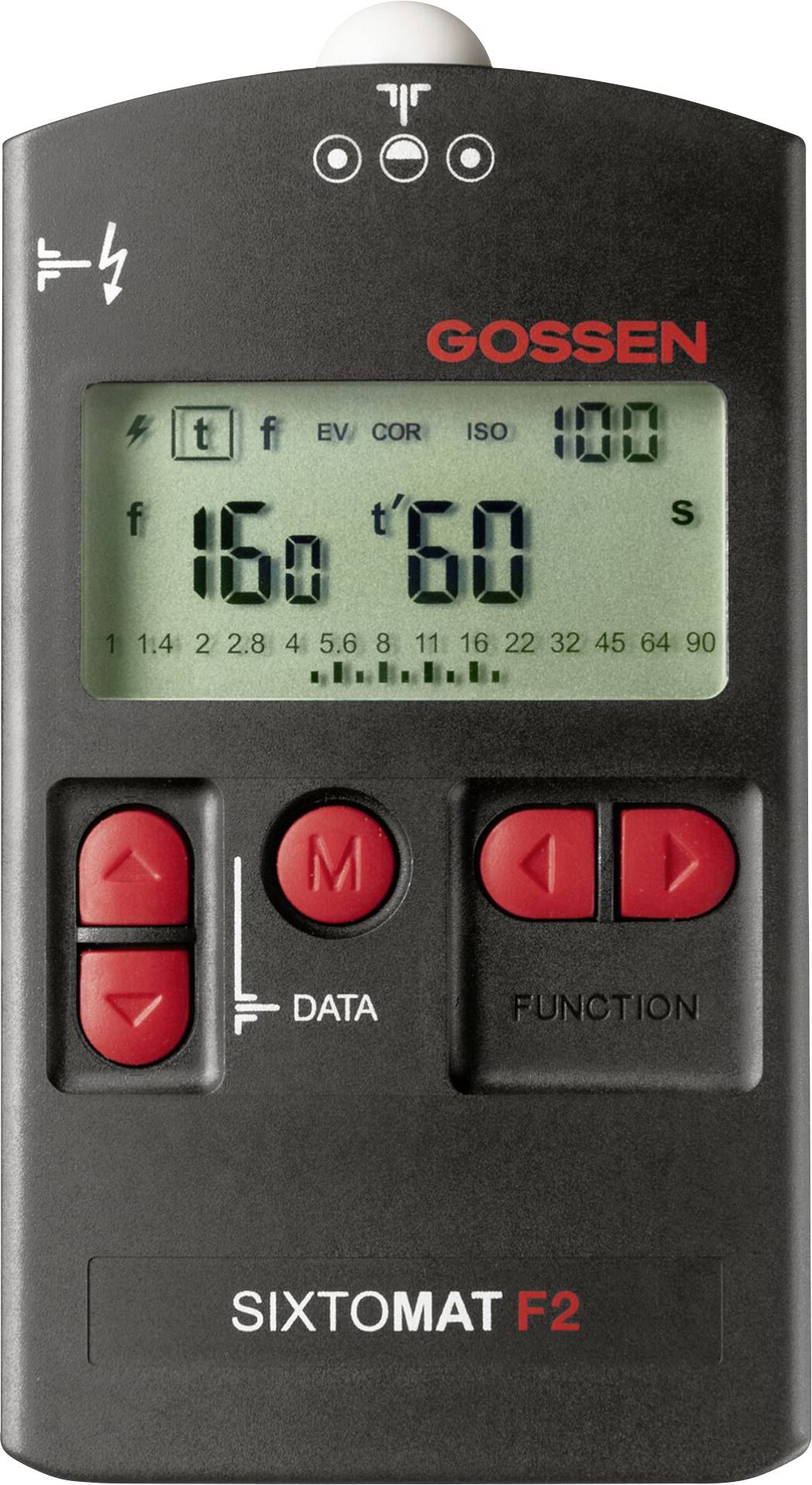En digital exponeringsmätare med displayvisning för bländare, slutartid och ISO-värde. Röda knappar för manövrering. Märke: Gossen.