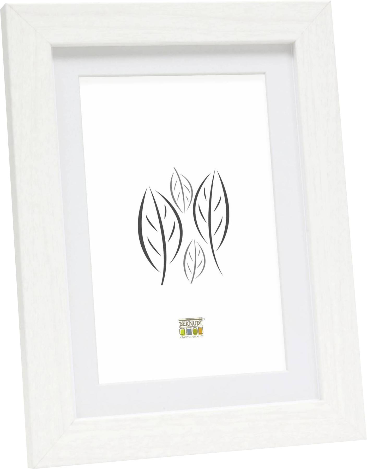 Vit bildram visar ett minimalistiskt bladmönster. I den nedre delen syns en liten färgglad logotyp, dock utan igenkännbara detaljer.