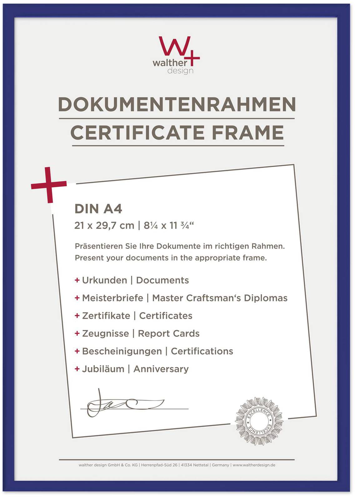 'Inramad presentation för dokument, diplom, certifikat, betyg, intyg och jubileer i A4-format.'