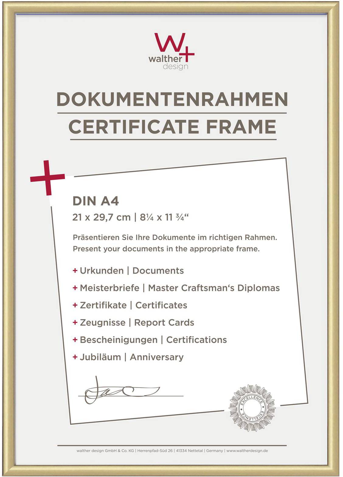 Certifikatsram i DIN A4-format, presenterar dokument som intyg, mästarbrev, certifikat. Storlek: 21 x 29,7 cm.
