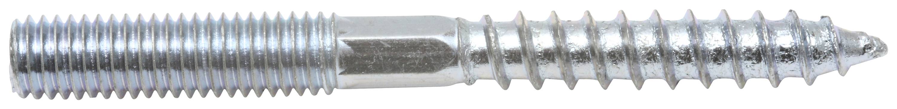 En tvåsidig gängstift av metall, silverfärgad, med metrisk gänga på vänster sida och träskruv på höger sida.