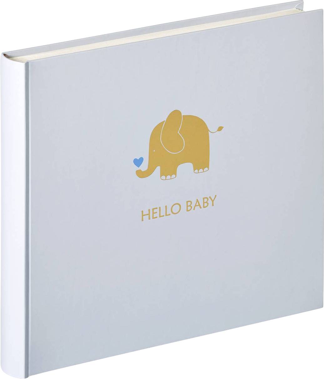 Blått babyalbum med gul elefant och texten 'HELLO BABY' på omslaget. Perfekt som present eller för att bevara minnen från bebisåren.