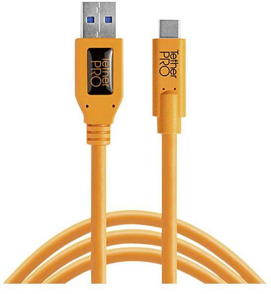 Orange USB-kabel med standard-USB-kontakt på vänster sida och USB-C-kontakt på höger sida, båda märkta med 'Tether PRO'-logotyp.