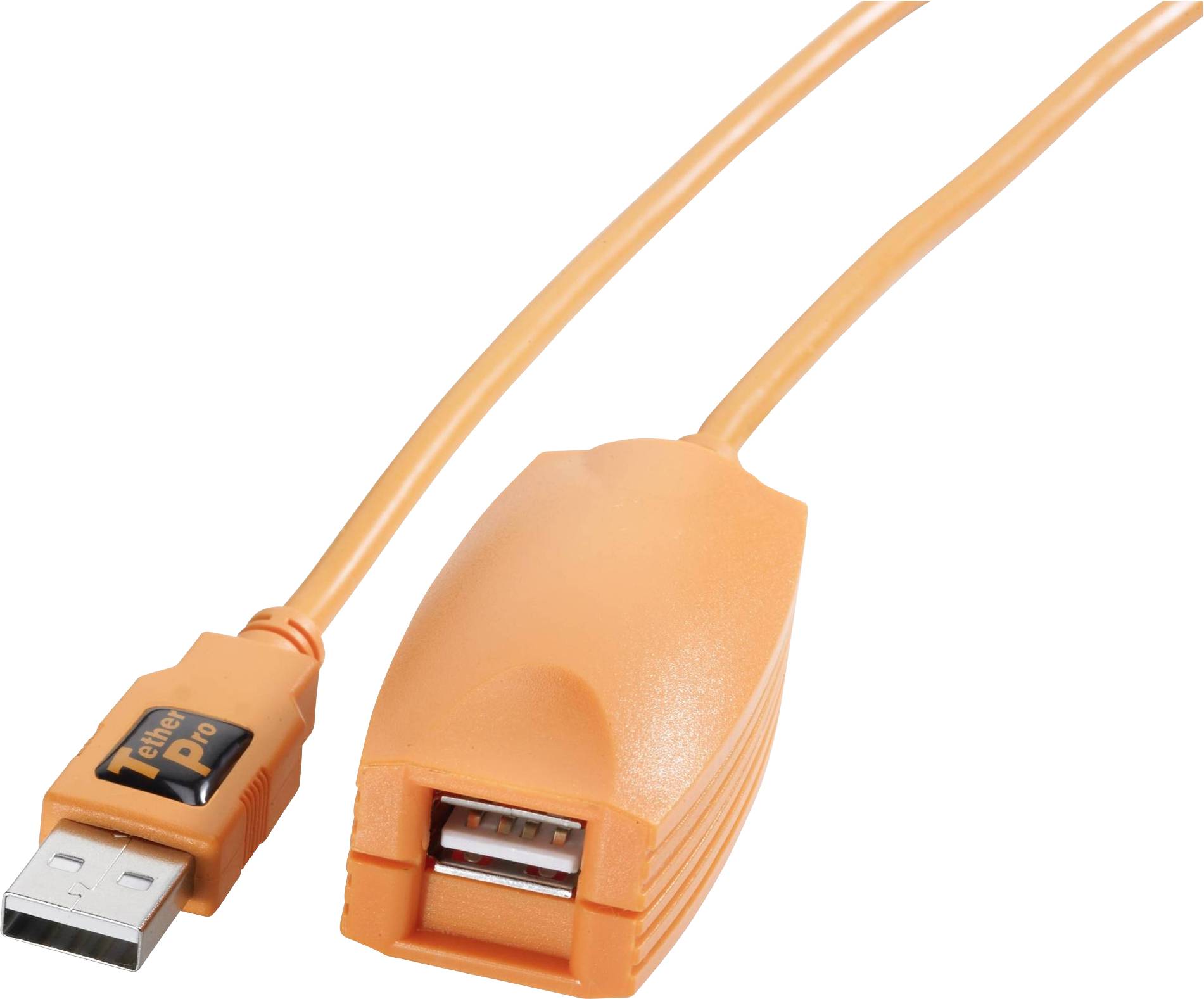 Ett orange USB-förlängningskabel med kontakter i båda ändar. Kontakten är märkt 'Tether Pro'.