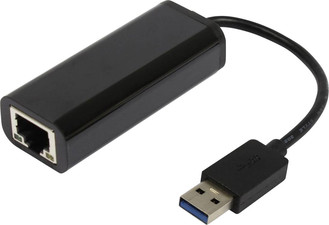 En svart USB-till-Ethernet-adapter som möjliggör anslutning av en USB-enhet till ett Ethernet-nätverk.