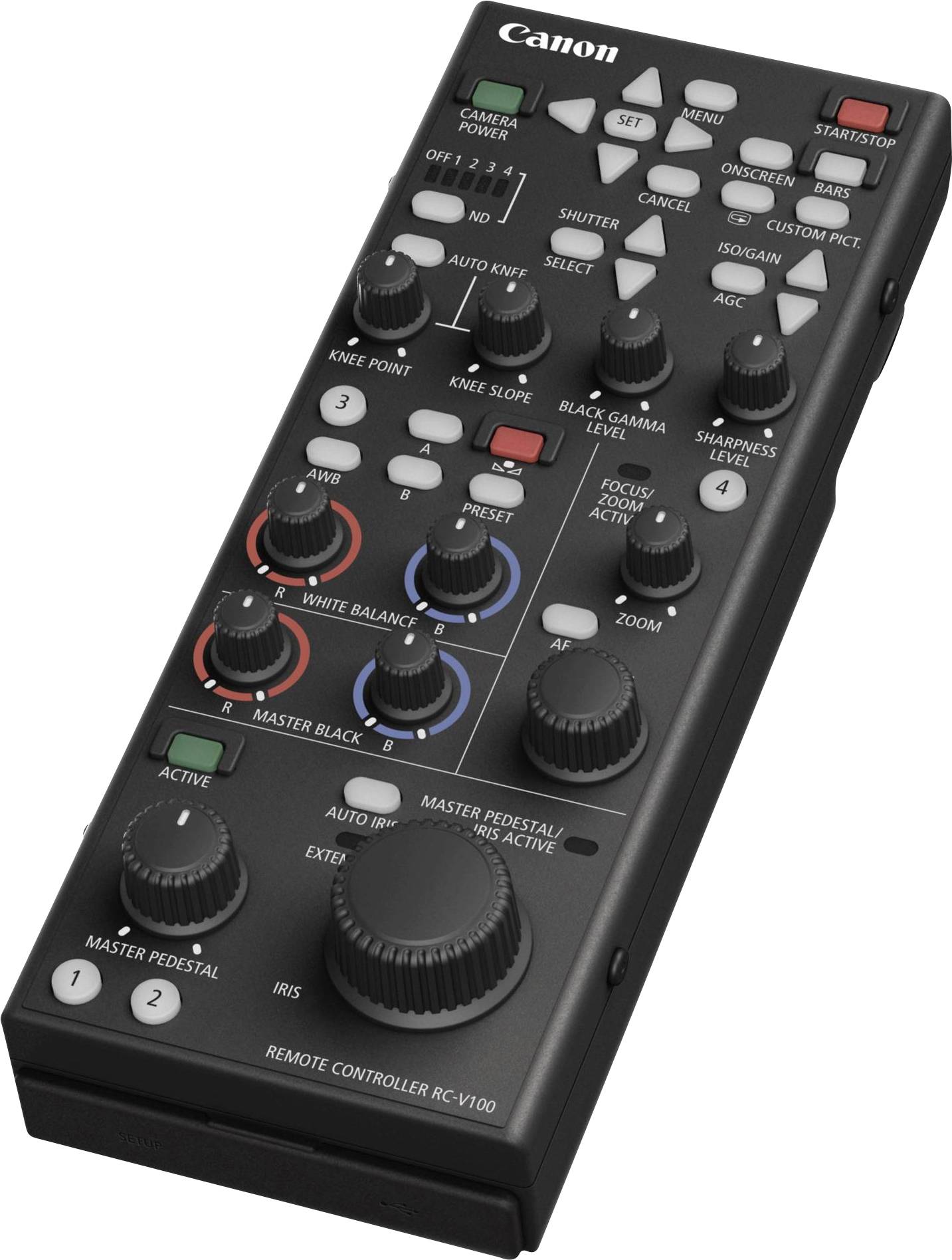 En svart fjärrkontroll med olika knappar och reglage för kamerastyrning, inklusive exponeringsinställningar och färgalternativ.